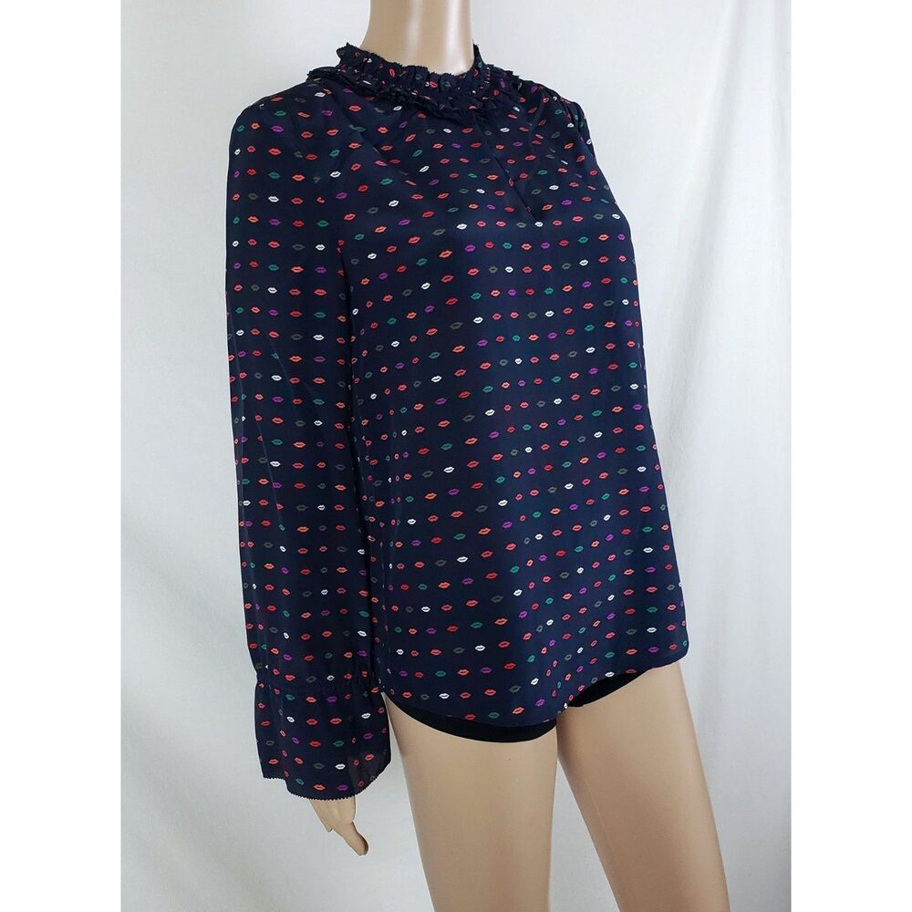 J.Crew Whimsical Mod Twee Silk Blouse Womens 4 Novelty Lips Kiss Print Ruffles